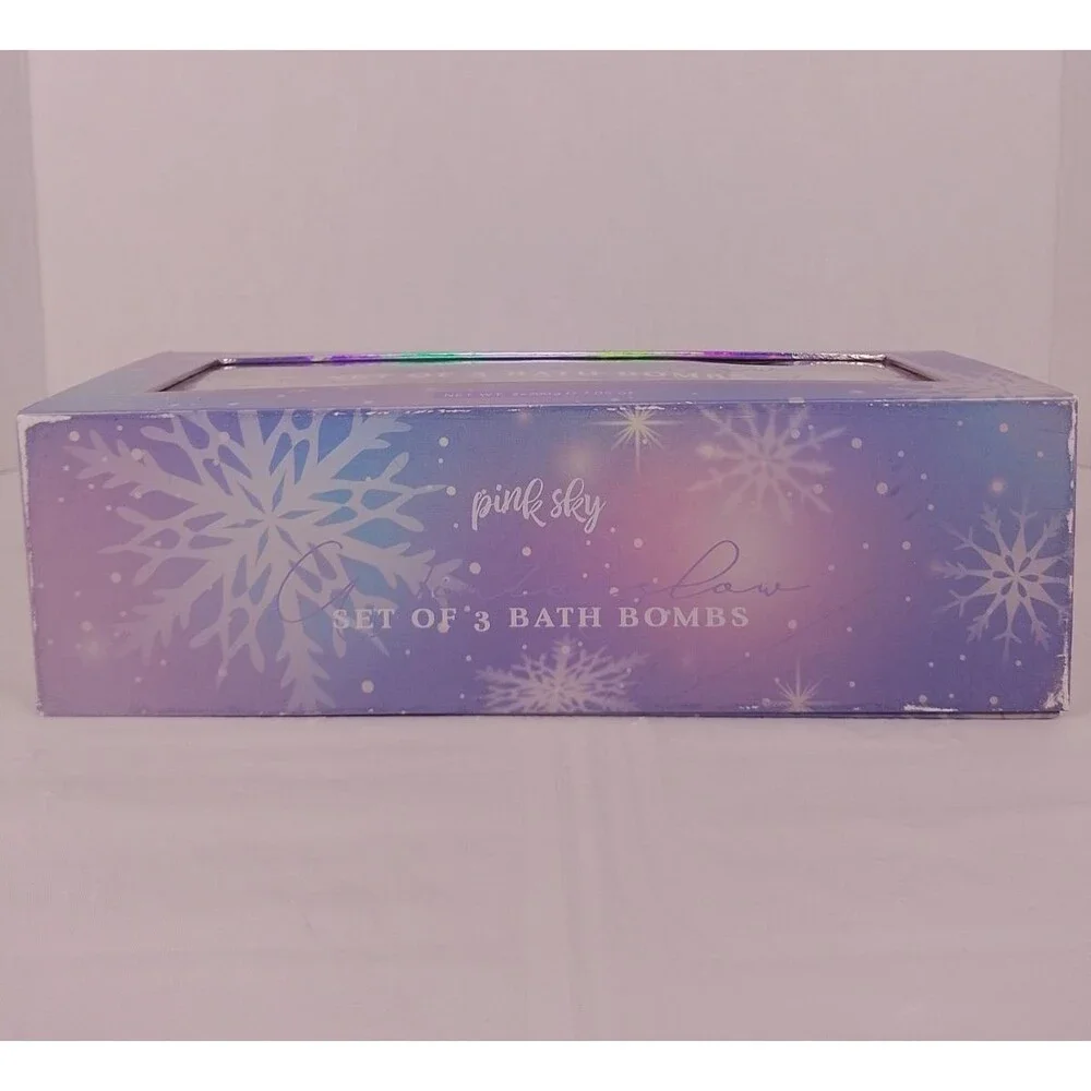 Pink Sky Set of 3 Bath Bombs Snowflake Gift Box Open Box Sealed Contents
